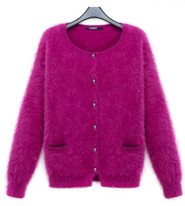 Autumn Winter Fashion Women Mink Cashmere Cardigan Sweater Female O-neck Knitted Long haired mink cashmere sweater tops |
