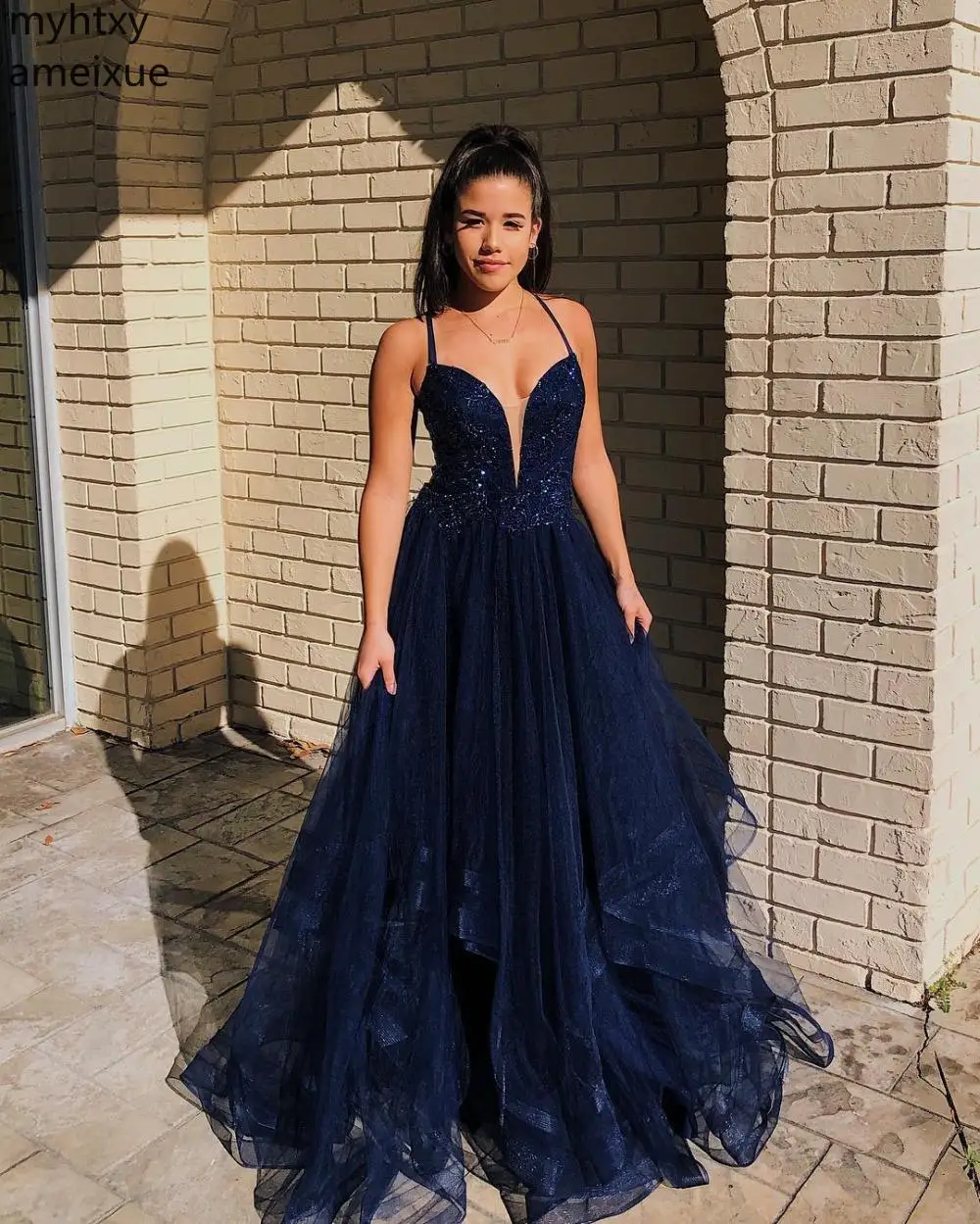 Темно синее соблазнительное Тюлевое платье для выпускного вечера на тонких