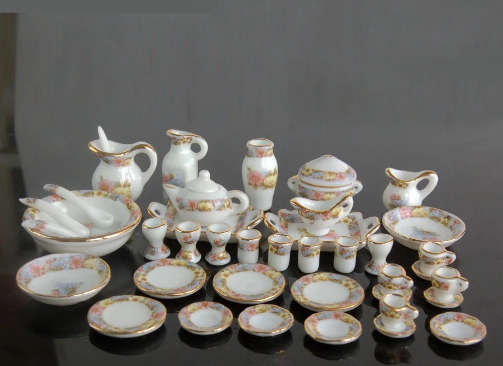 1:12 Doll house miniature 42 pcs/ Set Ceramics Flower World Style Tableware Kitchen accessories Free shipping | Игрушки и хобби