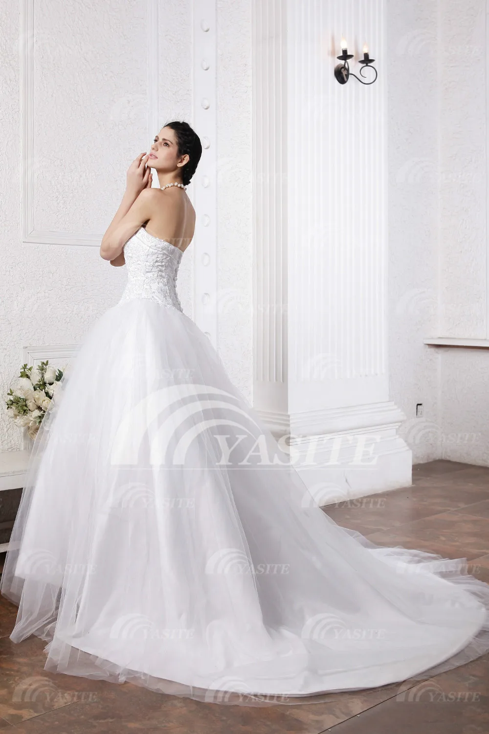 2014 in stock retro noble bridal A-line sweetheart wedding dress appliques floor length white organza zipper dresses | Свадьбы и