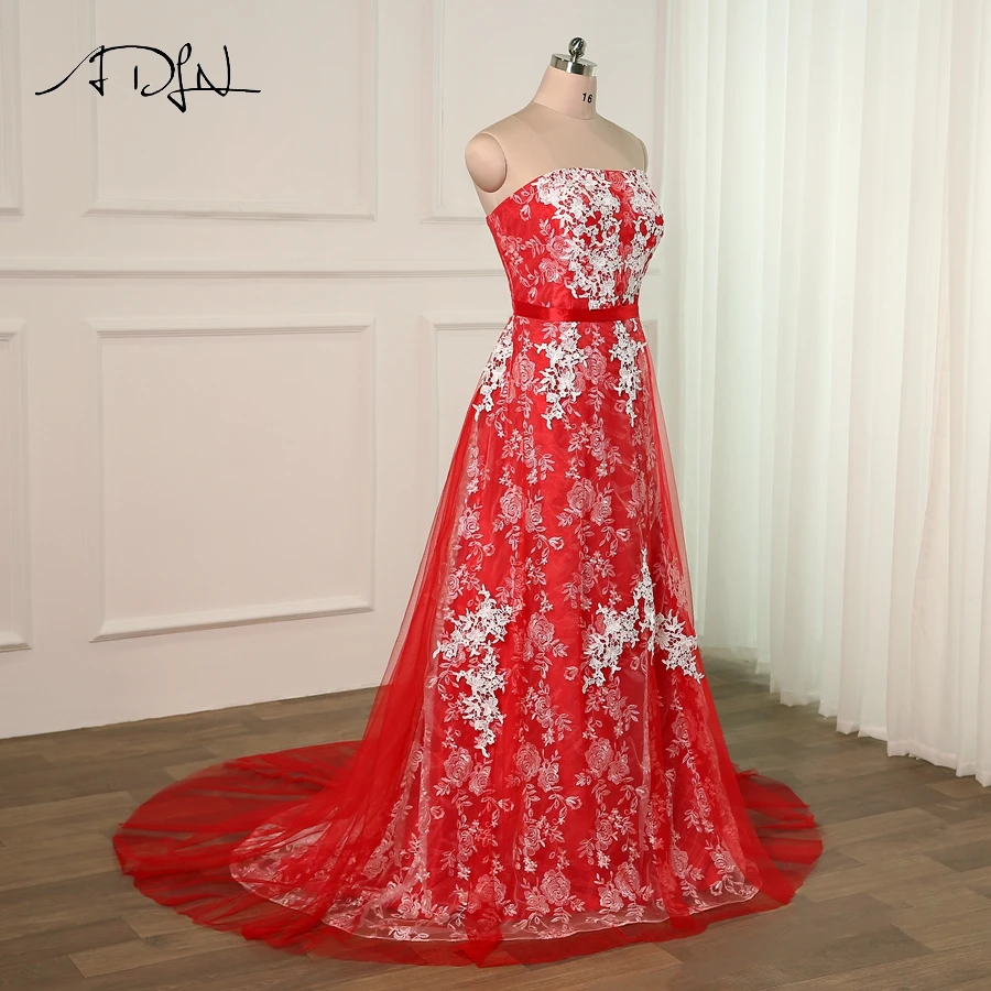 ADLN Fashion Red Prom Dress with White Applique Strapless Sleeveless A-line Tulle Evening Party Gowns Formal Dresses | Свадьбы и