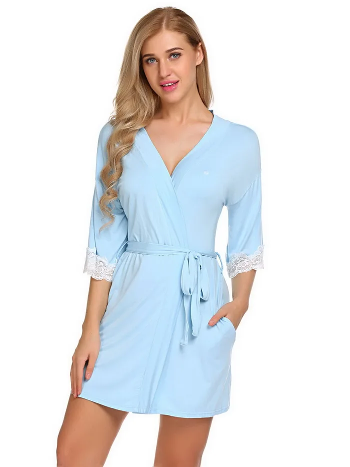 Light Blue Ekouaer женская пижама ночное кимоно халат Soild зима осень повседневный хлопок банный халат с поясом Элегантный Ванная комната спа Халат - Цвет: Light Blue