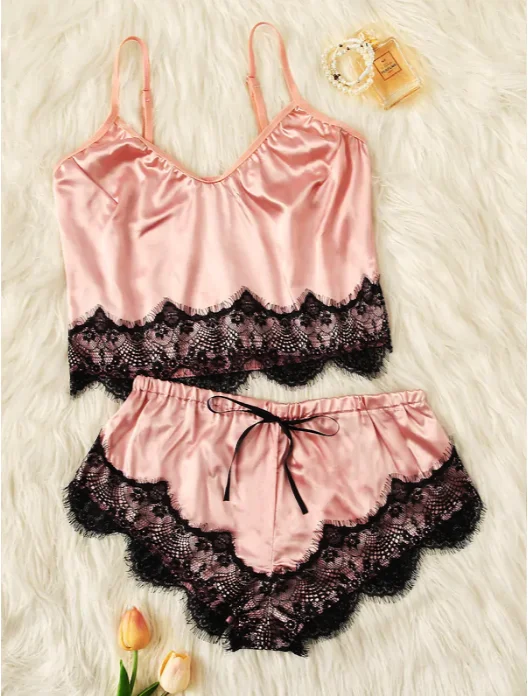 Женская Сексуальная атласная Женская пижама с кружевом нижнее белье Babydoll ночная рубашка Пижама без рукавов Топы+ мини шорты комплект из 2 предметов женское нижнее белье S-XL