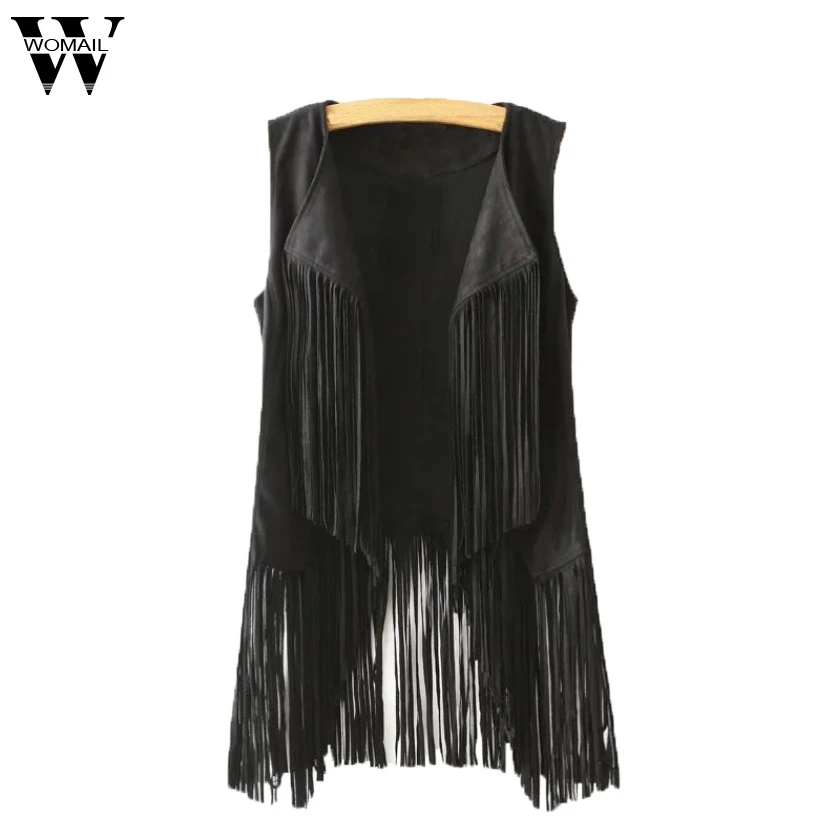 Женское замшевое пальто без рукавов повседневный жилет с длинным рукавом и бахромой в этническом стиле