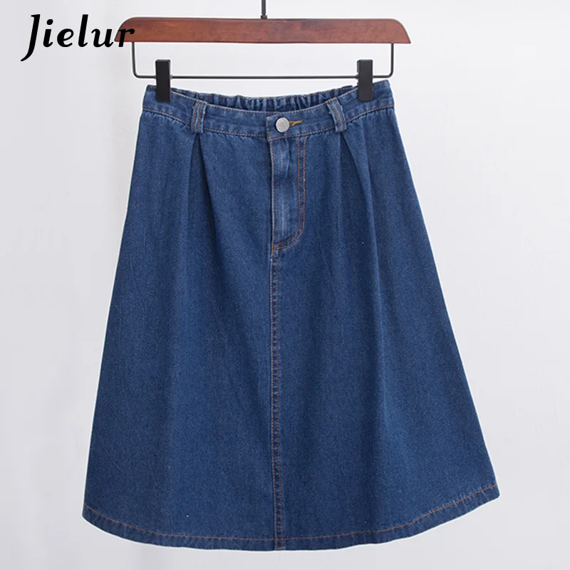 Dark blue Jielur Корейская мода джинсовые юбки женские A line Harajuku Faldas Mujer Moda джинсовая юбка летние темно-синие свободные женские джинсовые юбки юбка высокая талия S-L юбка с высокой талией Прямая поставка - Цвет: Dark blue