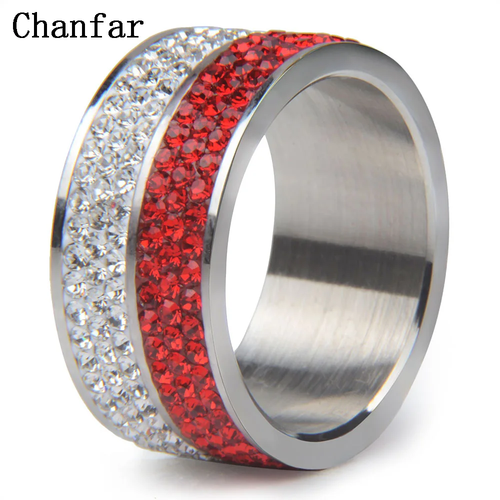 Chanfar 6 7 8 9 10 Сияющие различные цвета кристалл проложили кольцо из нержавеющей стали 316L для женщин мужское обручальное кольцо ювелирные изделия - Цвет основного камня: White and red