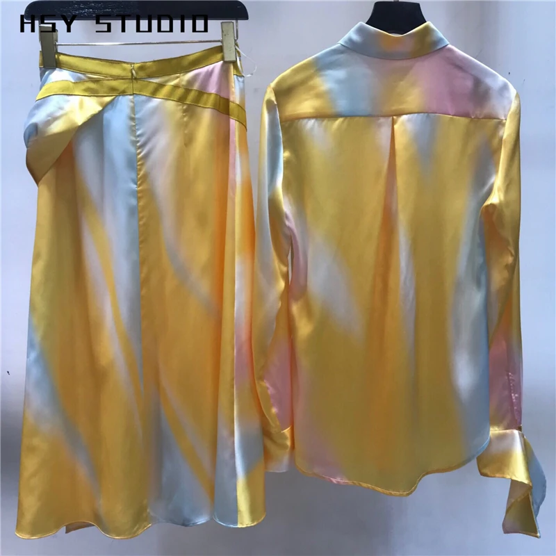 【HSY studo】2019 Летний новый тренд с радужным принтом женский костюм длинным рукавом