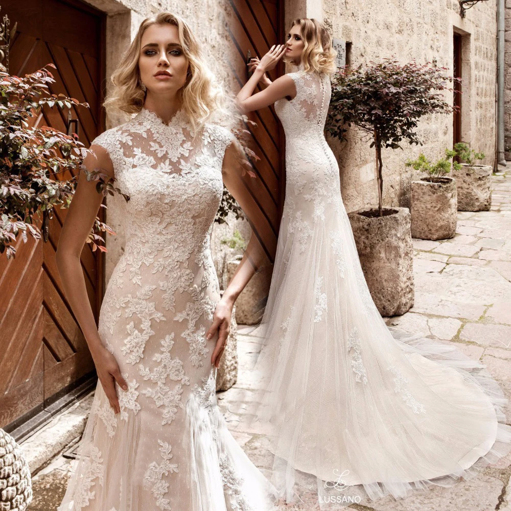 Vestido De Noiva 2019 винтажное кружевное свадебное платье Русалочки с высоким воротом