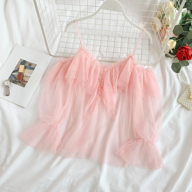 ALPHALMODA кружевная блузка с оборками + кружевной топ блестками женский сексуальный