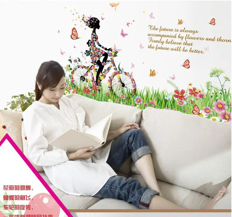 DIY colorful floral flower wall sticker bicycle girl art mural paper character quote home sofa background decals | Дом и сад
