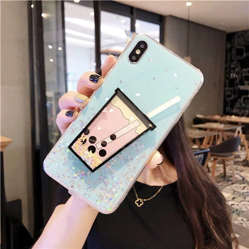 Модный прозрачный цветной блестящий чехол для телефона iPhone X XR XS Max 3D молочный чай
