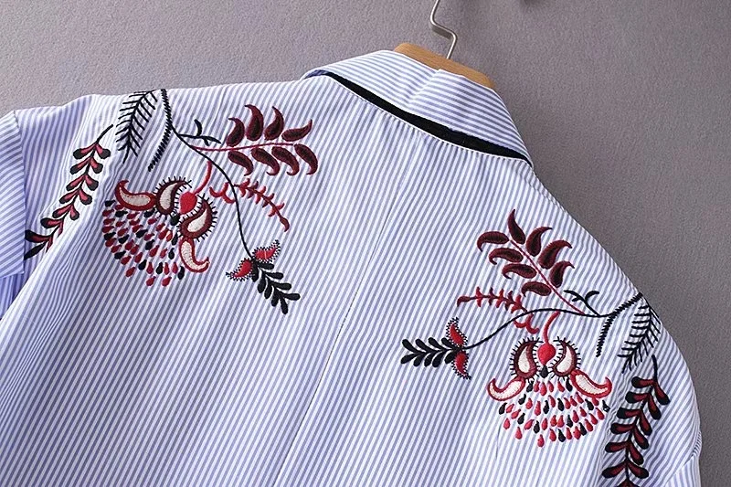 VOGUEIN Новая Женская Полосатая Рубашка с цветочным принтом и вышивкой на пуговицах