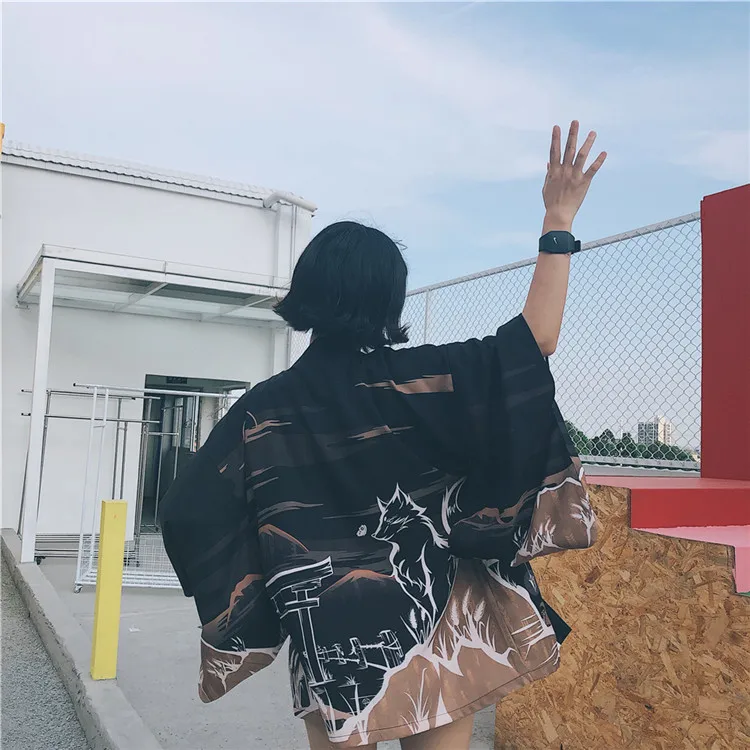 Bella philosophy японский стиль печати Винтаж Harajuku стиль блузка волны и ветра рубашки с драконом японский рукав летучая мышь кимоно