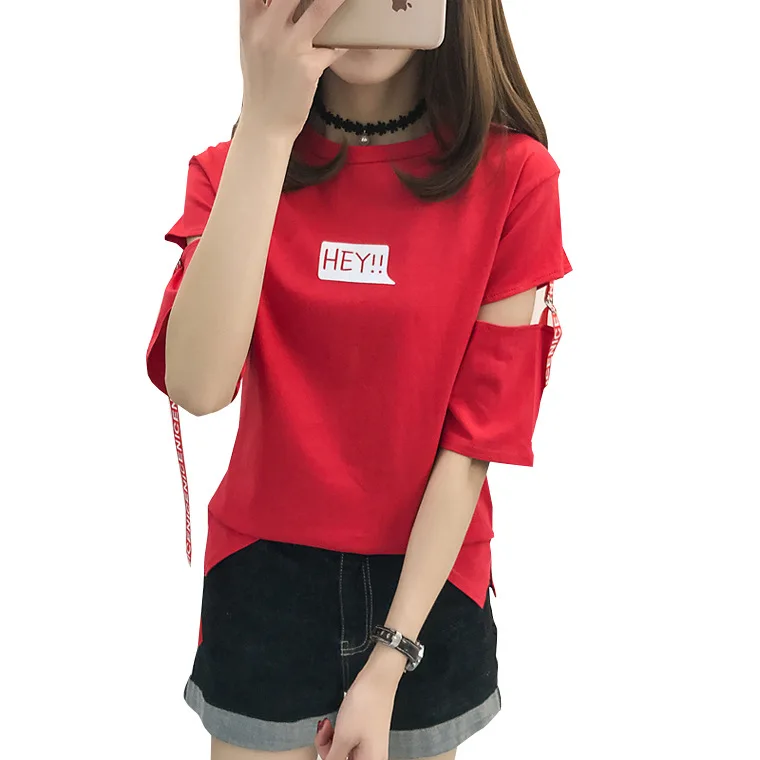 

Woman Summer T-shirt 2022 Korean Harajuku Letters Printed Hollow Patchwork T shirt For Women Casual White Shirts Tops
