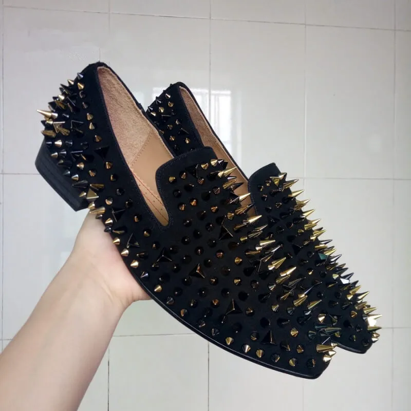 SHOOEGLE модная женская обувь ручной работы с шипами блестящие лоферы для подиума