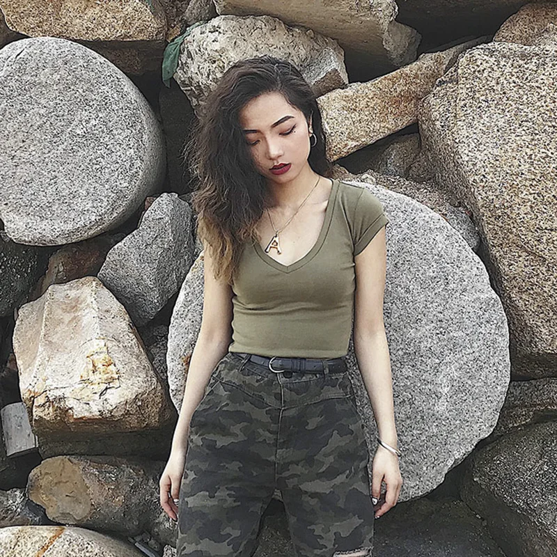 Женский Трикотажный Хлопковый укороченный топ с коротким рукавом и V-образным