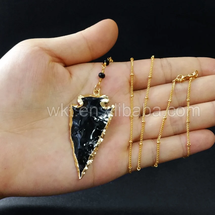

WT-N676Charming long rosary chain necklace natural black obsidian arrowhead necklace natural stone statement necklace for women
