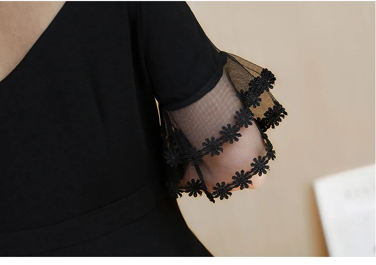 New Summer Big Size Dresses Women Mesh Lace Pathwork Short Flare Sleeve Black Dress Plus 2xl 3xl 4xl 5xl Vestidos De Festa | Женская