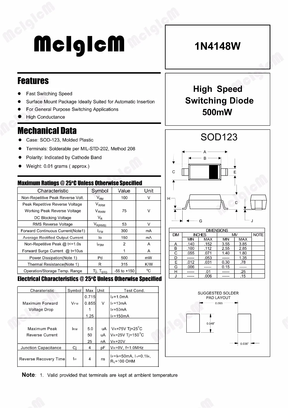 MCIGICM 100 шт. sod123 поверхностный монтаж smd небольшие сигнальные диоды 1N4148W|signal diode|small