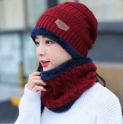 Red wine 2p Популярные зимние шапки Skullies Beanies, зимние шапки бини для мужчин и женщин, шерстяной шарф, шапки, Балаклава, маска, шапка, вязаная шапка - Цвет: Red wine 2p