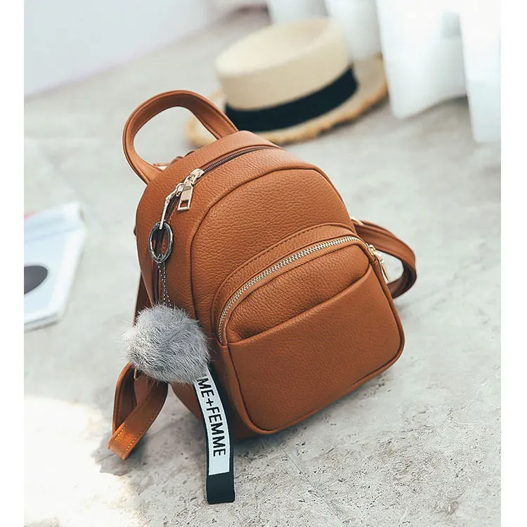 Wobag Мини женские рюкзаки из искусственной кожи студенческий пушистый шар кулон плеча школьные сумки женский маленький дорожный Рюкзак Черный - Цвет: Brown