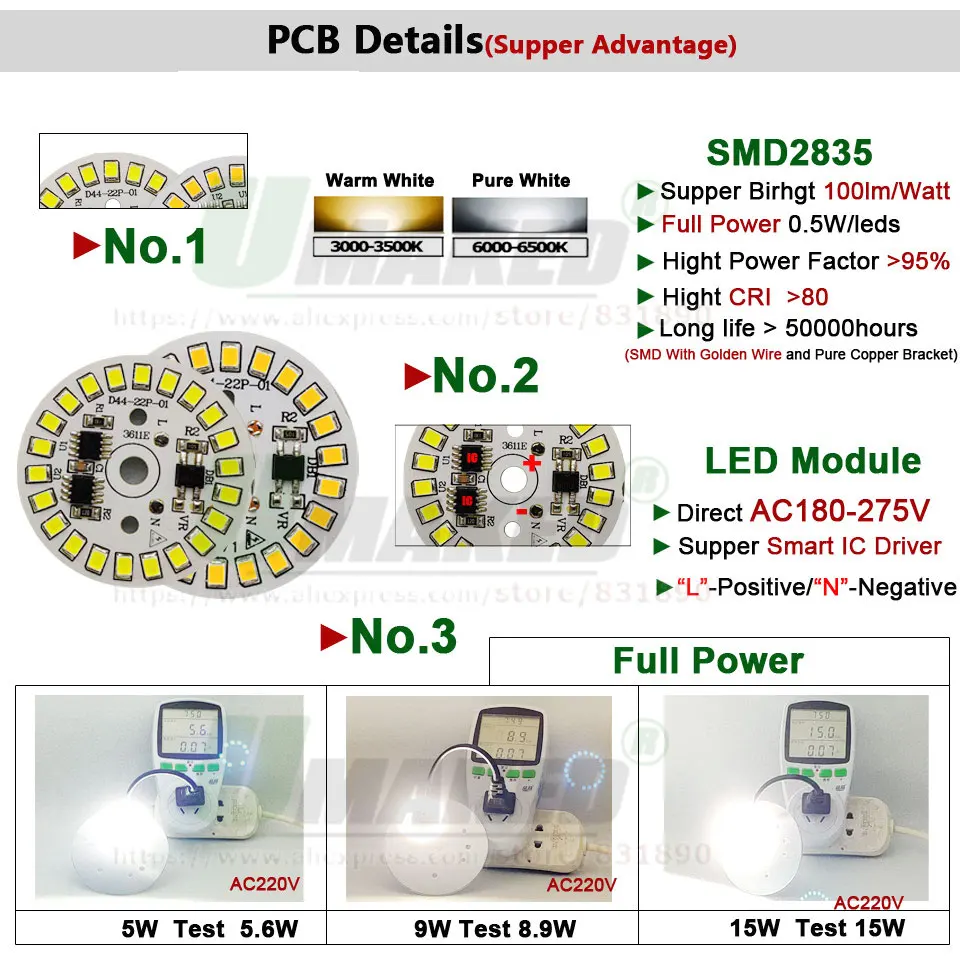 5 шт. AC220V светодиодный PCB Smart IC драйвер лампы панель 3 Вт 5 Вт 7 Вт 9 Вт 12 Вт 15 Вт SMD2835 источник света луженый кабель 20 см для светодиодного потолочного светильника
