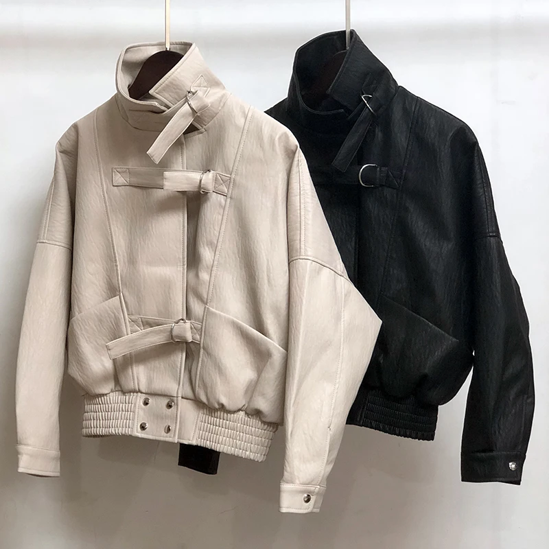 

Women New Harajuku Faux Leather Jacket Batwing Sleeve Loose Biker Coat Casual Autumn PU Outwear Punk Bomber Jackets Female