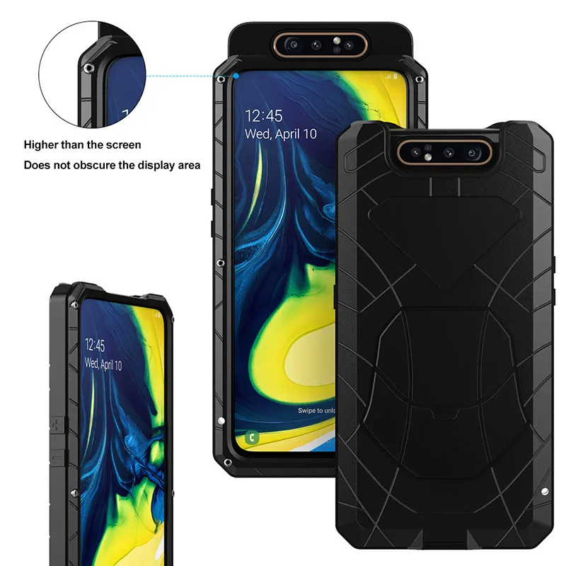 For Samsung Galaxy A80 Phone Case Hard Aluminum Metal Tempered Glass Screen Gift Protector Cover Heavy Duty Protection Cover