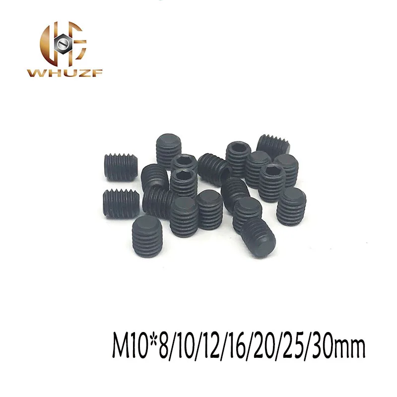 

10pcs M10*8/10/12/16/20/25/30 DIN913 Black Carbon Steel Metric Thread Grub Flat Point Hexagon Socket Set Screw Headless Bolt