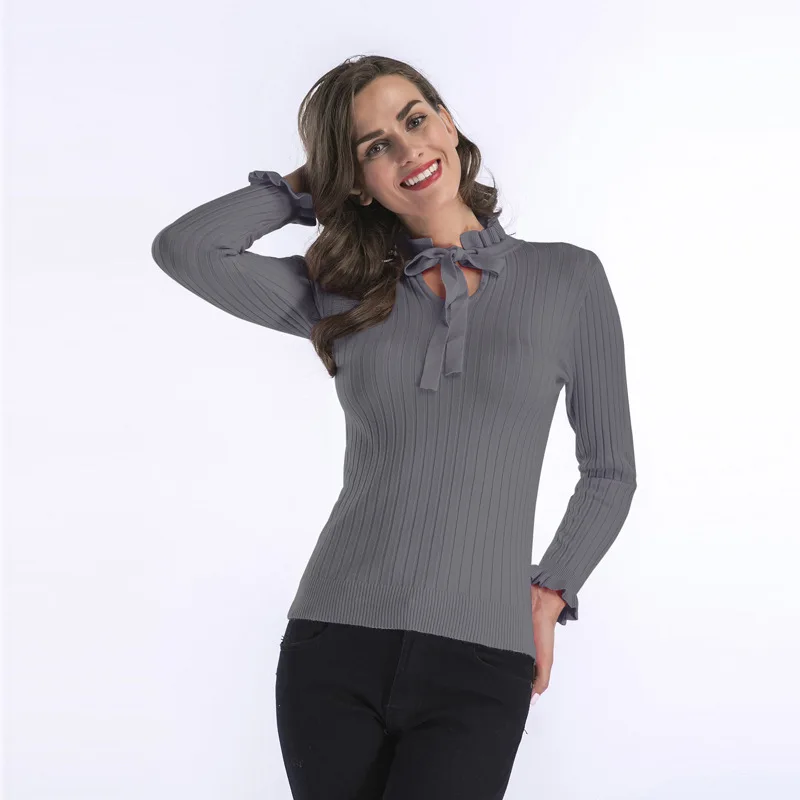 YYFS 2018 New Collar Long-Sleeve Knit Sweater Women Fall Winter Bottom Slim Ruffled Fresh Sweet Solid 5639 | Женская одежда