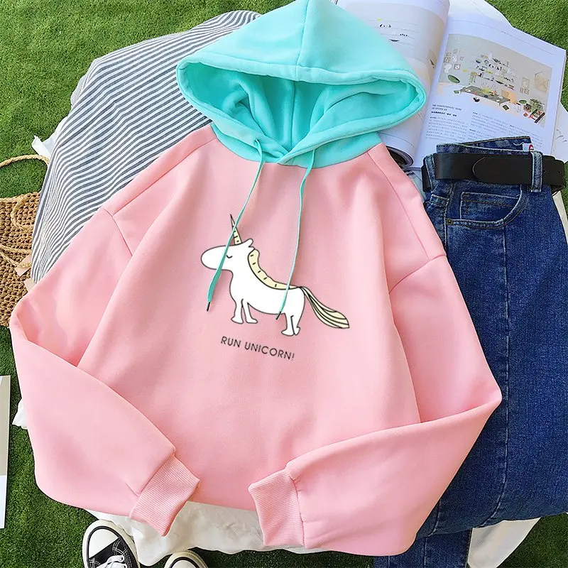 pink Kpop каваи Единорог печати с капюшоном осень зима новые модные женские повседневные с длинным рукавом Harajuku флис Лоскутная Толстовка - Цвет: pink