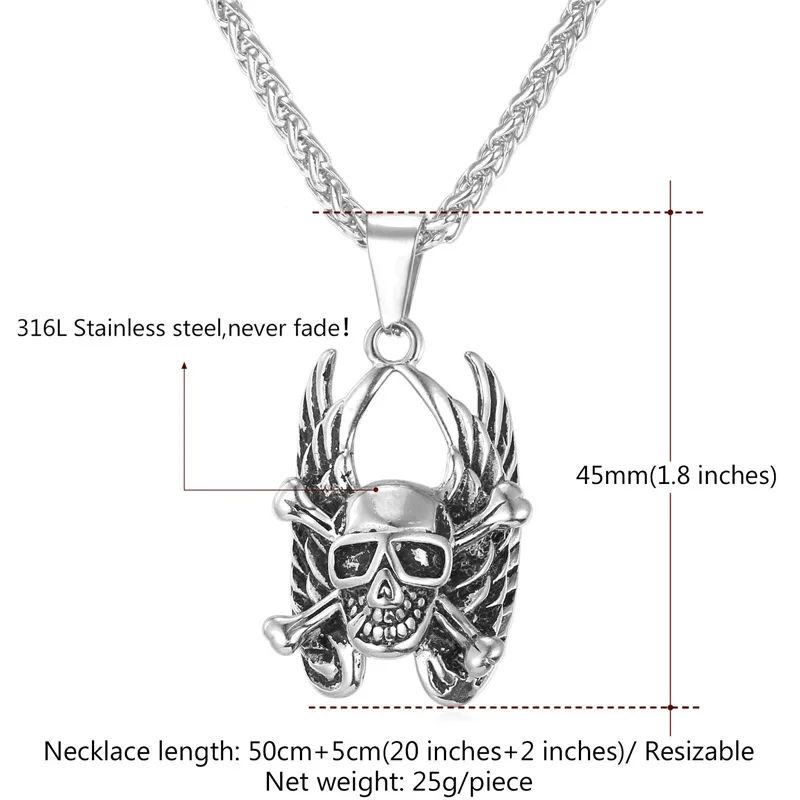 Подвеска в стиле панк Collare с крыльями дьявола Череп из нержавеющей стали 316 опт