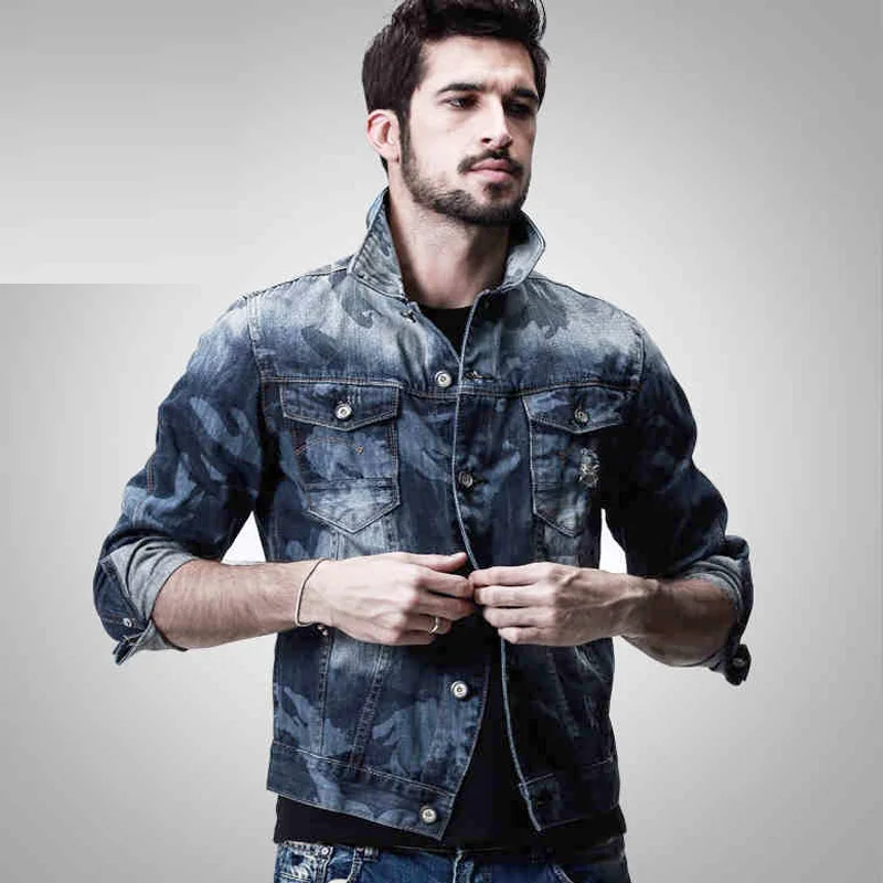 Мужская джинсовая куртка с длинным рукавом и камуфляжным принтом Повседневная