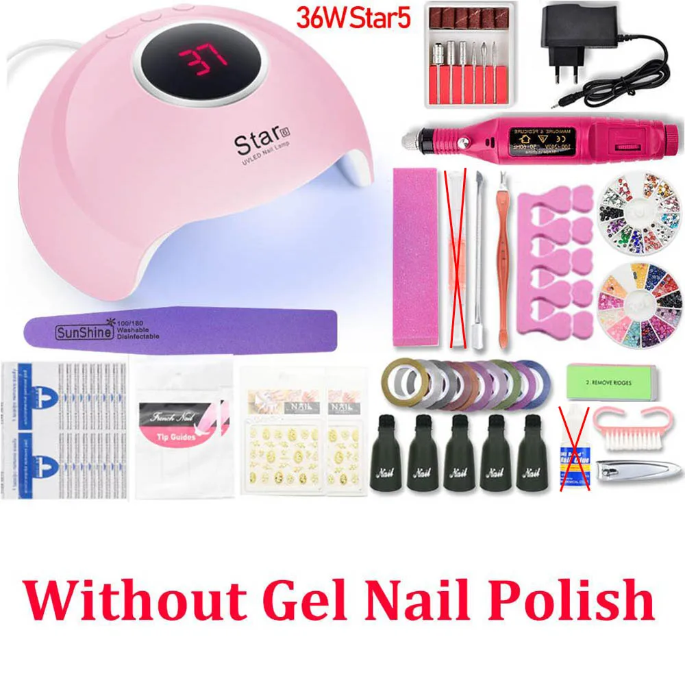 36W SET NO GEL Набор для ногтей УФ-светодиодный светильник Сушилка с 10 шт. Набор для гель-лака для ногтей набор инструментов для замачивания маникюра Комплект гель-лаков для ногтей инструменты для дизайна ногтей - Цвет: 36W SET NO GEL