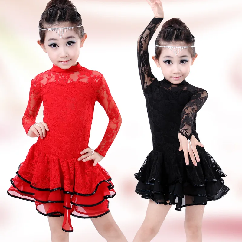 Red/Black/Yellow Long Sleeves Latin Dance Dress Girls Lace Flamenco Salsa Dresses Children Kids Ballroom | Тематическая одежда и
