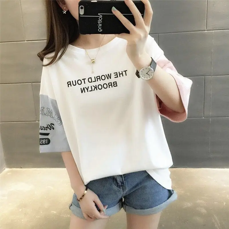 Корейский Ulzzang Топы Футболка для женщин Лето Harajuku Письмо шить Половина рукава Топ Футболка школьницы консервативный Стиль Одежда