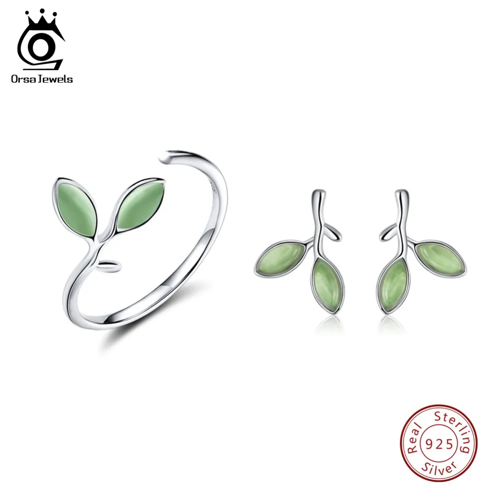 ORSA JEWELS женские серебряные Ювелирные наборы из натуральной 925 пробы с узором в виде листьев и камнями кошачий глаз вечерние кольца и серьги SS21-5
