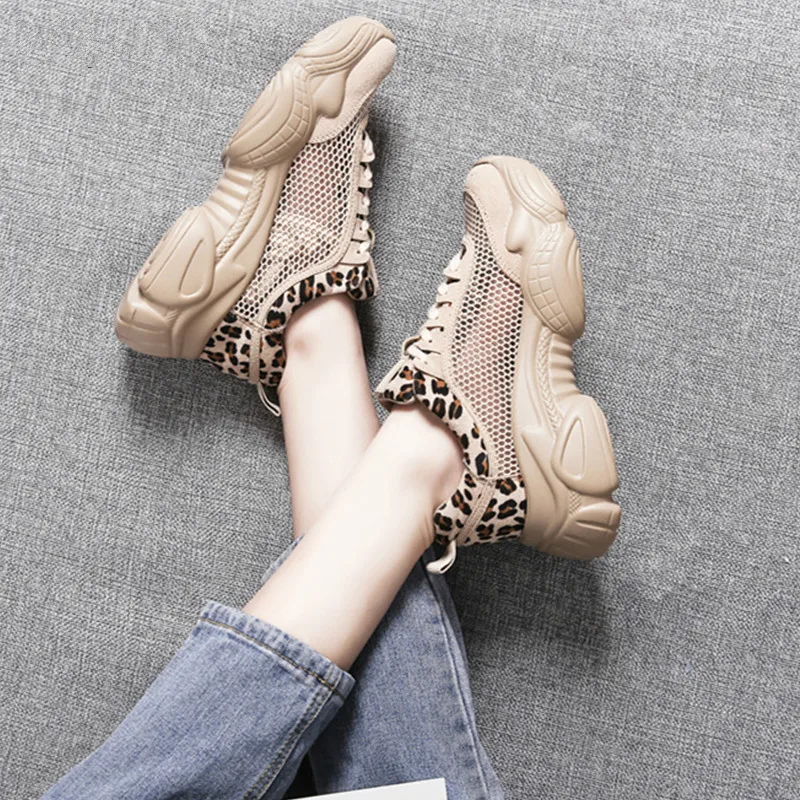

Dropshipping Breathable Hollow Lace-Up Leopard Women Sneakers Tenis Plataforma Women Casual Shoes Summer 2019 Mujer