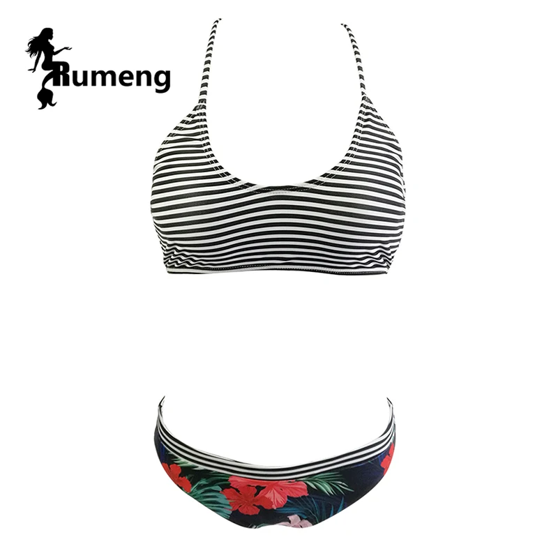 RUMENG New 2018 Low-waisted Printed Bikini Set Striped Swimsuit |
