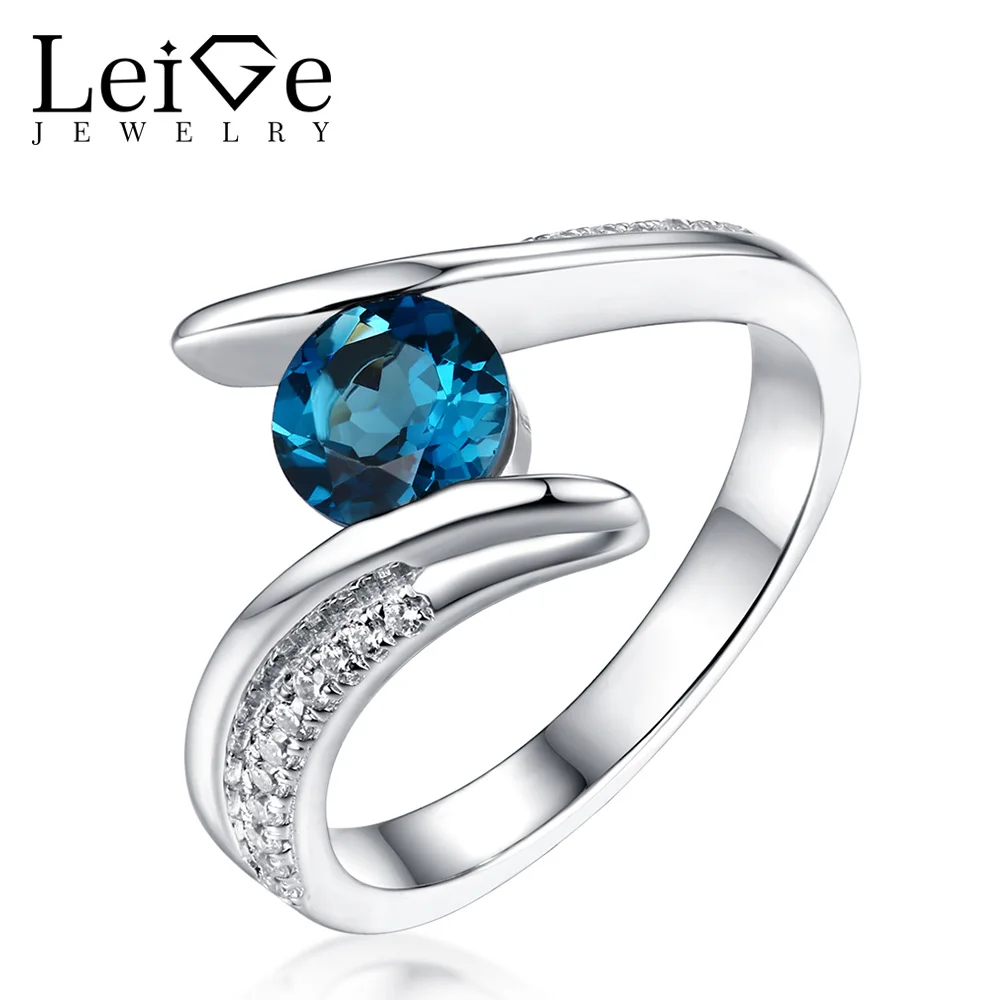 

Leige Jewelry Silver 925 London Blue Topaz Ring Round Cut Bezel Setting Natural Gemstone Women Wedding Rings Anniversary Gift