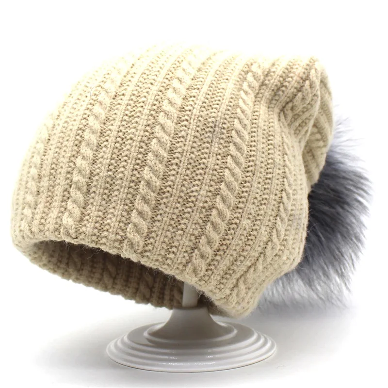 

Minhui 2018 New Knitted Warm Beanies Bonnet Gorro Women Winter Hats Silver Fox Fur Pompom Hat Skullies Female Caps Wrap Scarf