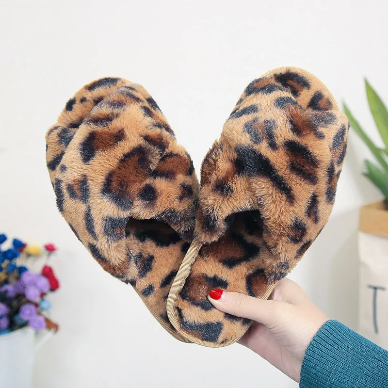brown-Leopard Женские тапочки; леопардовые меховые шлепанцы; зимние домашние тапочки; теплая Домашняя обувь; женские Мягкие Шлепанцы; chaussures femme; - Цвет: brown-Leopard