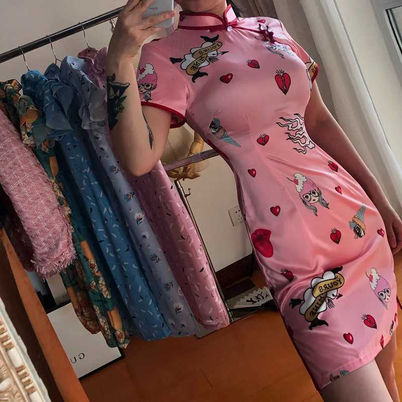 Модные платья Cheongsam с милым принтом в китайском стиле женские атласные Qipao