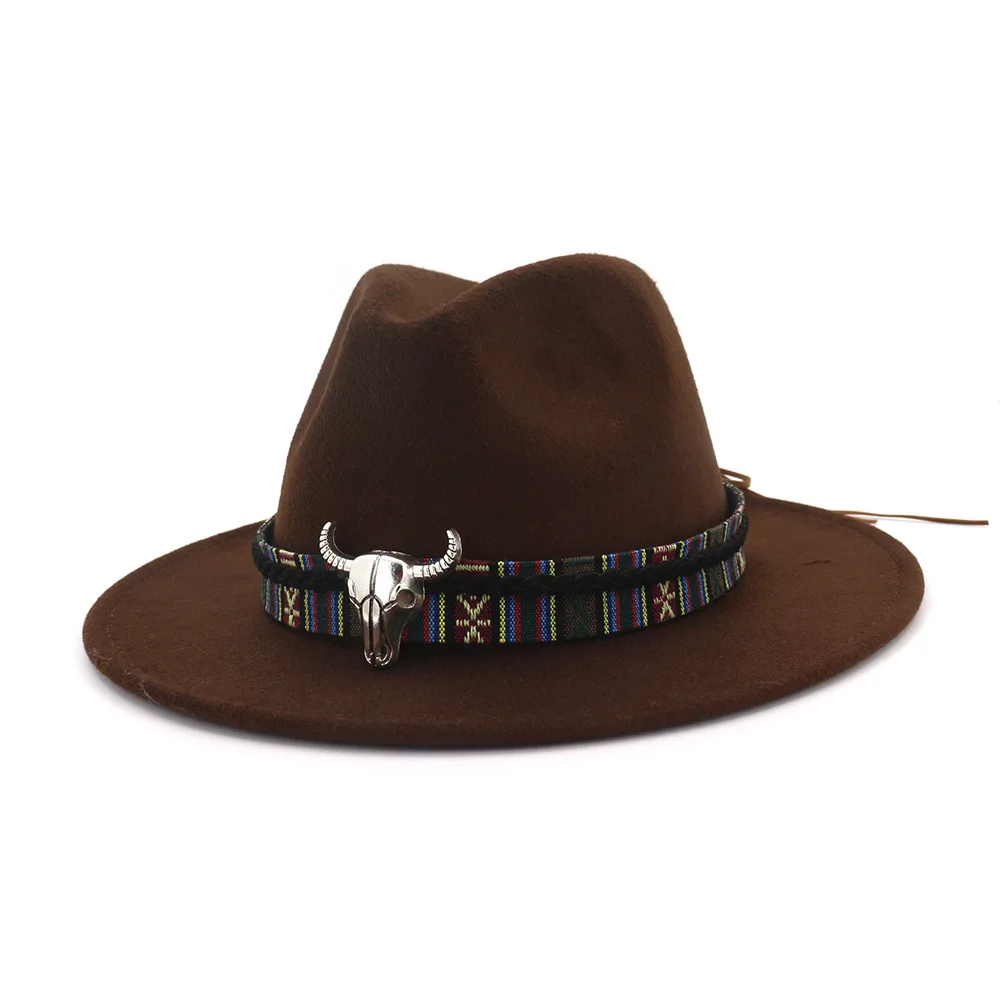 Coffee Шерстяная фетровая шляпа Панама Джаз Fedoras Шляпы с металлический лист плоские полями формальная Вечеринка и сцена топ шляпа для женщин мужчин унисекс - Цвет: Coffee
