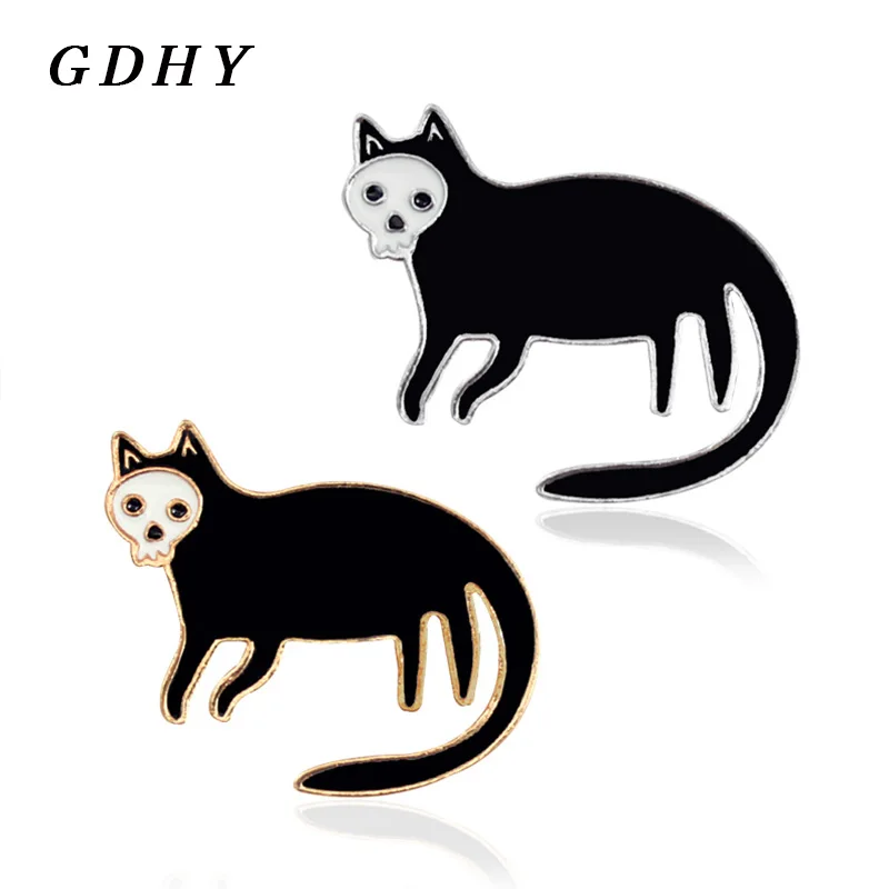 GDHY Skeleton Black Cat Brooch Skull Face Brooches Enamel Pin Backpack Shirt Collar Lapel Badges Jewelry Gifts | Украшения и