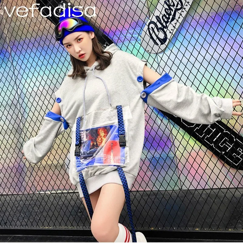 Vefadisa Для женщин с капюшоном Sweatershirt лоскутное рукав кисточкой ПВХ карман осень 2018