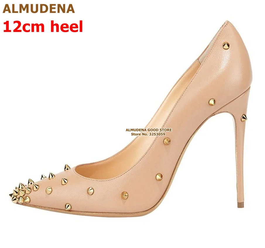 nude 12cm as picture ALMUDENA/пикантные женские модельные туфли-лодочки с заклепками и острым носком; цвет белый, черный; Туфли-гладиаторы с золотыми заклепками; туфли-лодочки на шпильке 10 см, 12 см - Цвет: nude 12cm as picture