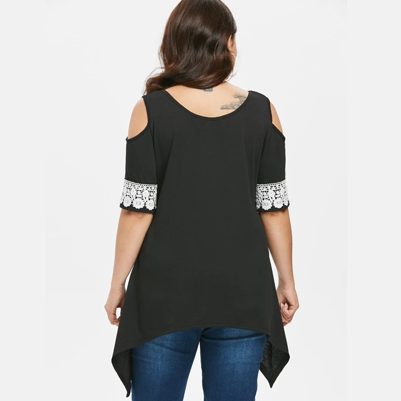 Women Casual Open Shoulder Flower Plus Size Floral Black Short Sleeve Fashion Lace T-shirt | Женская одежда