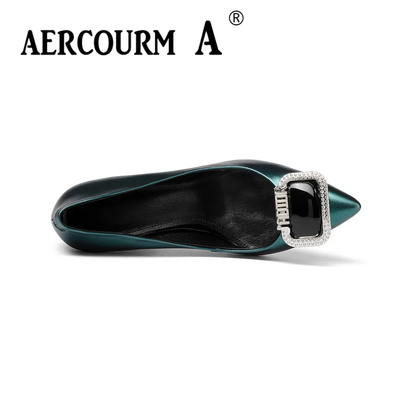 Aercourm A 2018 new Women metal button Shoes Female Genuine Leather High Heel Pumps crystal Square Heels Brand Z306 | Обувь