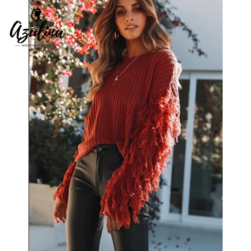 AZULINA Autumn Winter Women Pullover Sweater Round Collar Long Sleeve Fringed Solid Color Loose Sweaters Jumpers Ladies Clothes | Женская